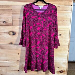 Michael Kors Fuchsia/Black Paisley Long Bell Sleeve Sheath Dress Dressy Career